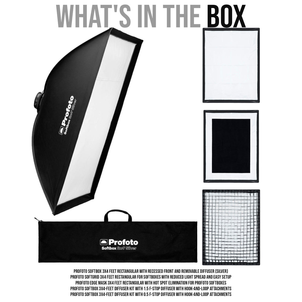 Profoto Softbox 3x4-Feet Rectangular Removable Diffuser (Silver) with Softgrid and Edge Mask Bundle
