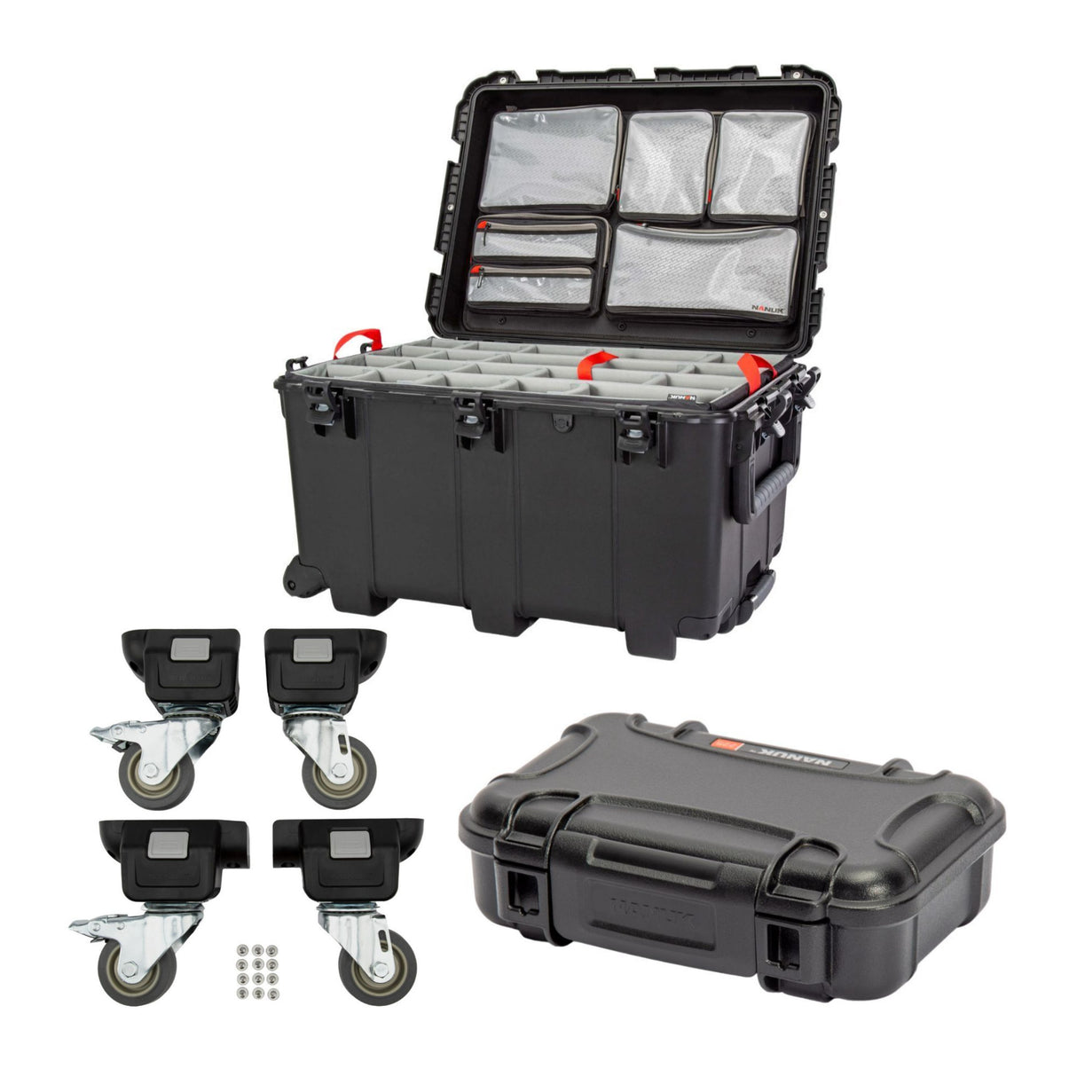 Nanuk 975 Pro Photo Kit with Pull Handle (Black) with Wheel Caster Kit and 225 Hard Case Bundle