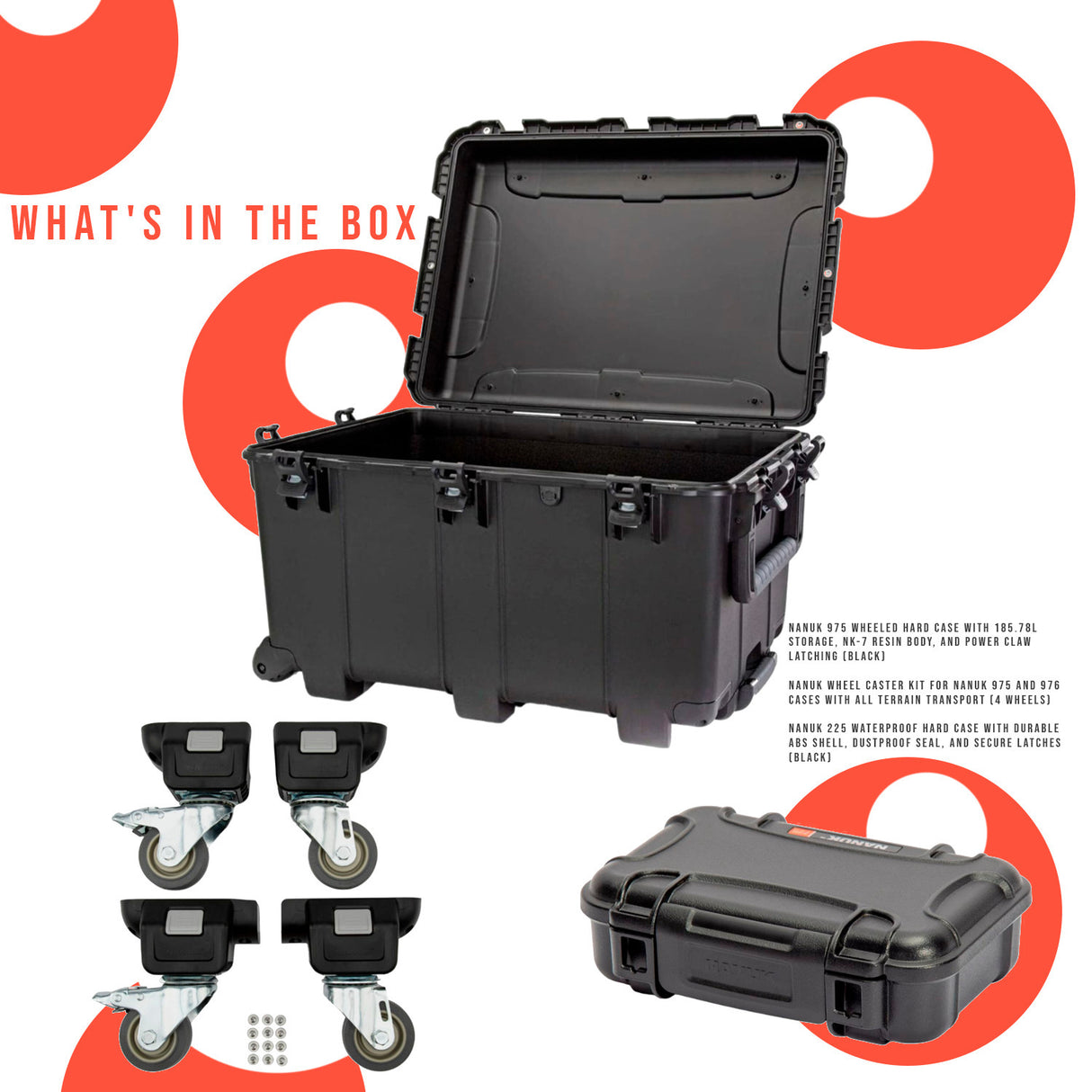 Nanuk 975 85.78L Storage Wheeled Hard Case (Black) with Wheel Caster Kit and 225 Hard Case Bundle
