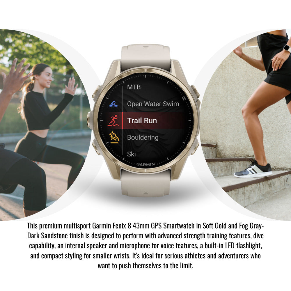 Garmin Fenix 8 AMOLED 43mm GPS Smartwatch (Soft Gold and Fog Gray-Dark Sandstone) Bundle