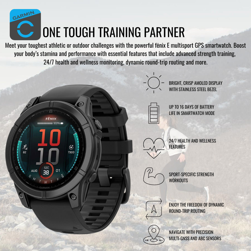 Garmin Fenix E 47mm AMOLED GPS Smartwatch (Slate Steel and Black) with Portable Charger Stand Bundle