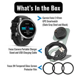 Garmin Fenix E 47mm AMOLED GPS Smartwatch (Slate Steel and Black) with Portable Charger Stand Bundle