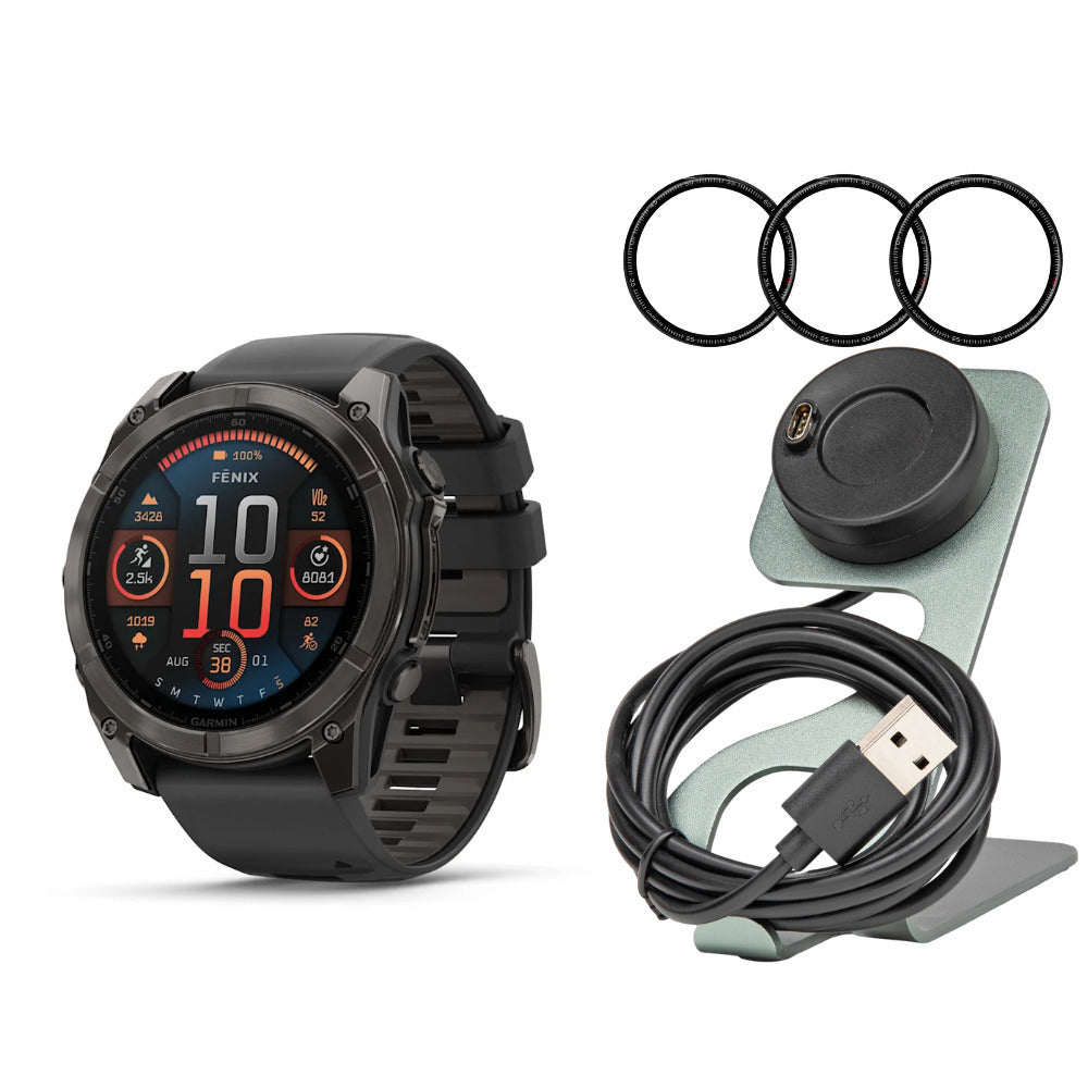 Garmin Fenix 8 AMOLED Sapphire 51mm GPS Smartwatch (Black and Pebble Gray) with Charger Stand Bundle