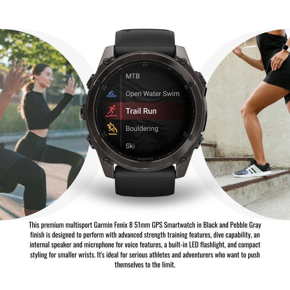 Garmin Fenix 8 AMOLED Sapphire 51mm GPS Smartwatch (Black and Pebble Gray) with Charger Stand Bundle