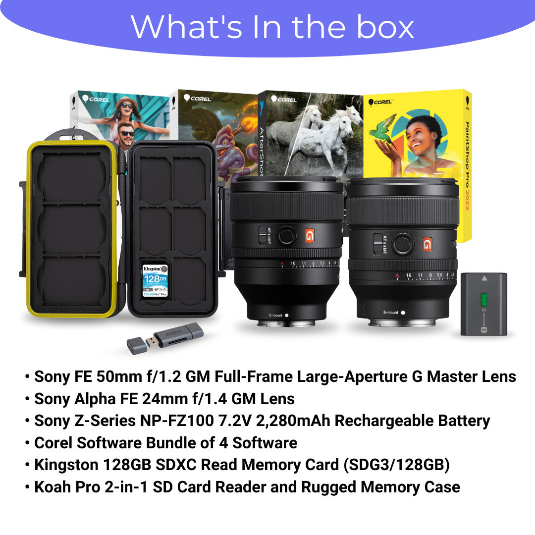 Sony FE 50mm F1.2 GM Full-Frame Large-Aperture G Master Lens with 24mm Lens and Battery Bundle