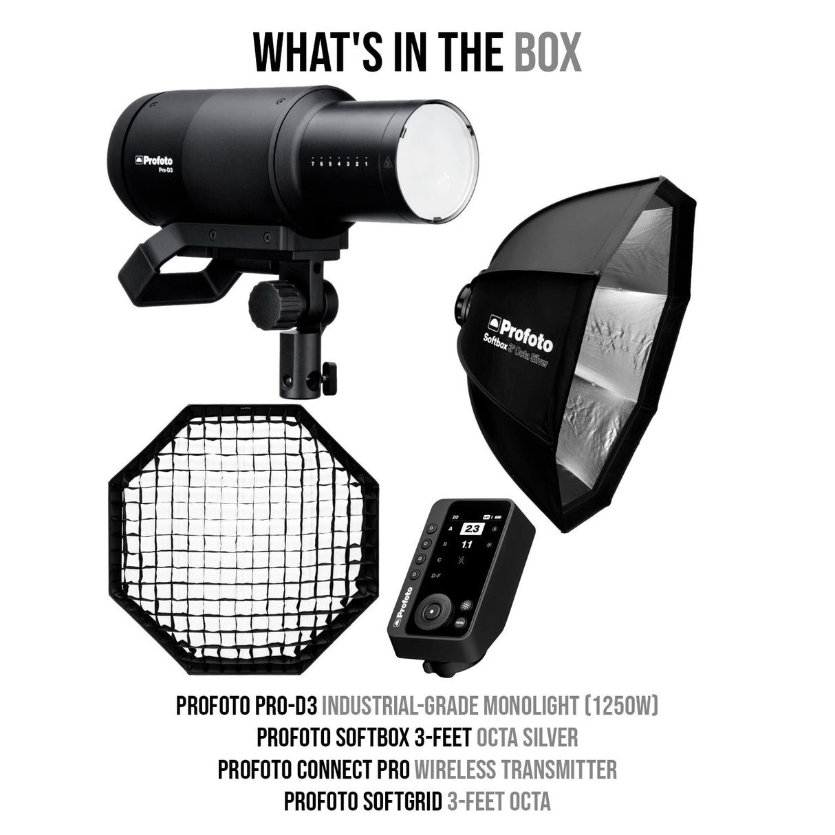 Profoto Pro-D3 1250W Industrial-Grade Monolight with Softbox 3-Feet Octa Silver and Softgrid  Bundle