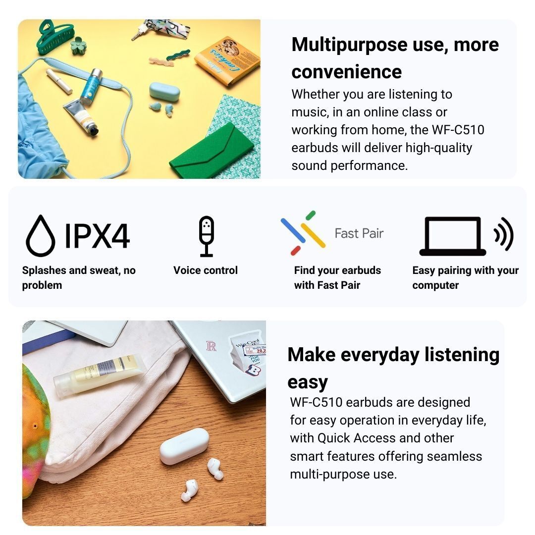 Sony WF-C510 Truly Wireless Up To 11 Hours Battery Life Earbuds (Yellow) with Earphone Case Bundle