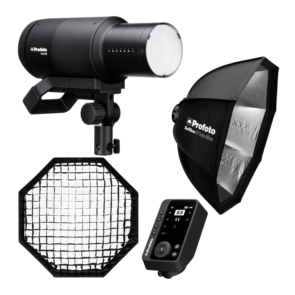 Profoto Pro-D3 1250W Industrial-Grade Monolight with Softbox 3-Feet Octa Silver and Softgrid Bundle