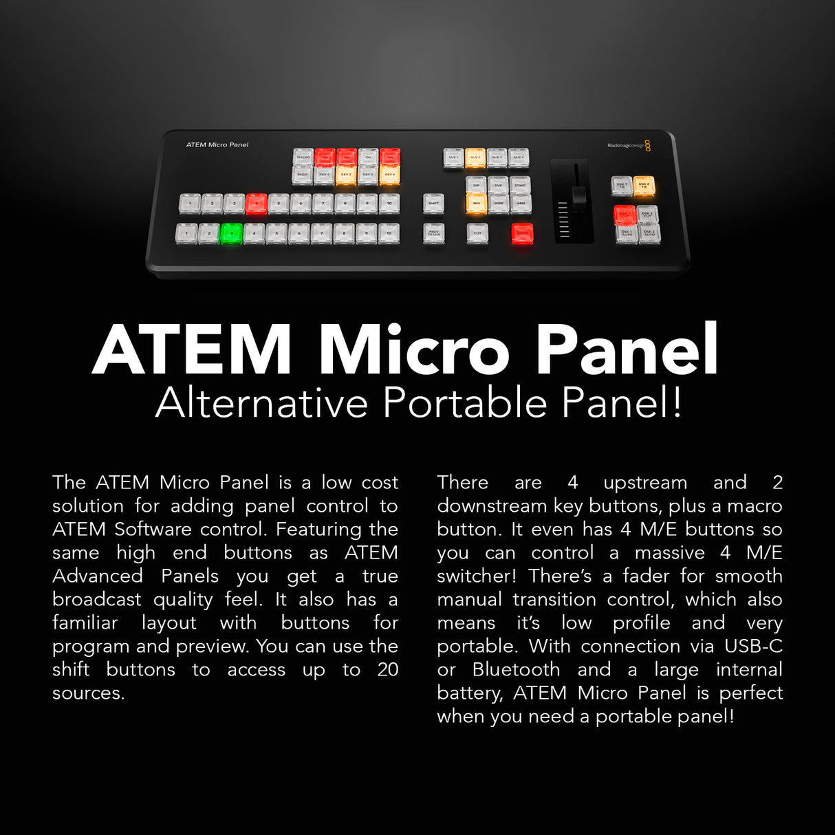 Blackmagic Design ATEM Micro Live Stream Switcher Panel with 50 Tri-Color LED Backlit Buttons