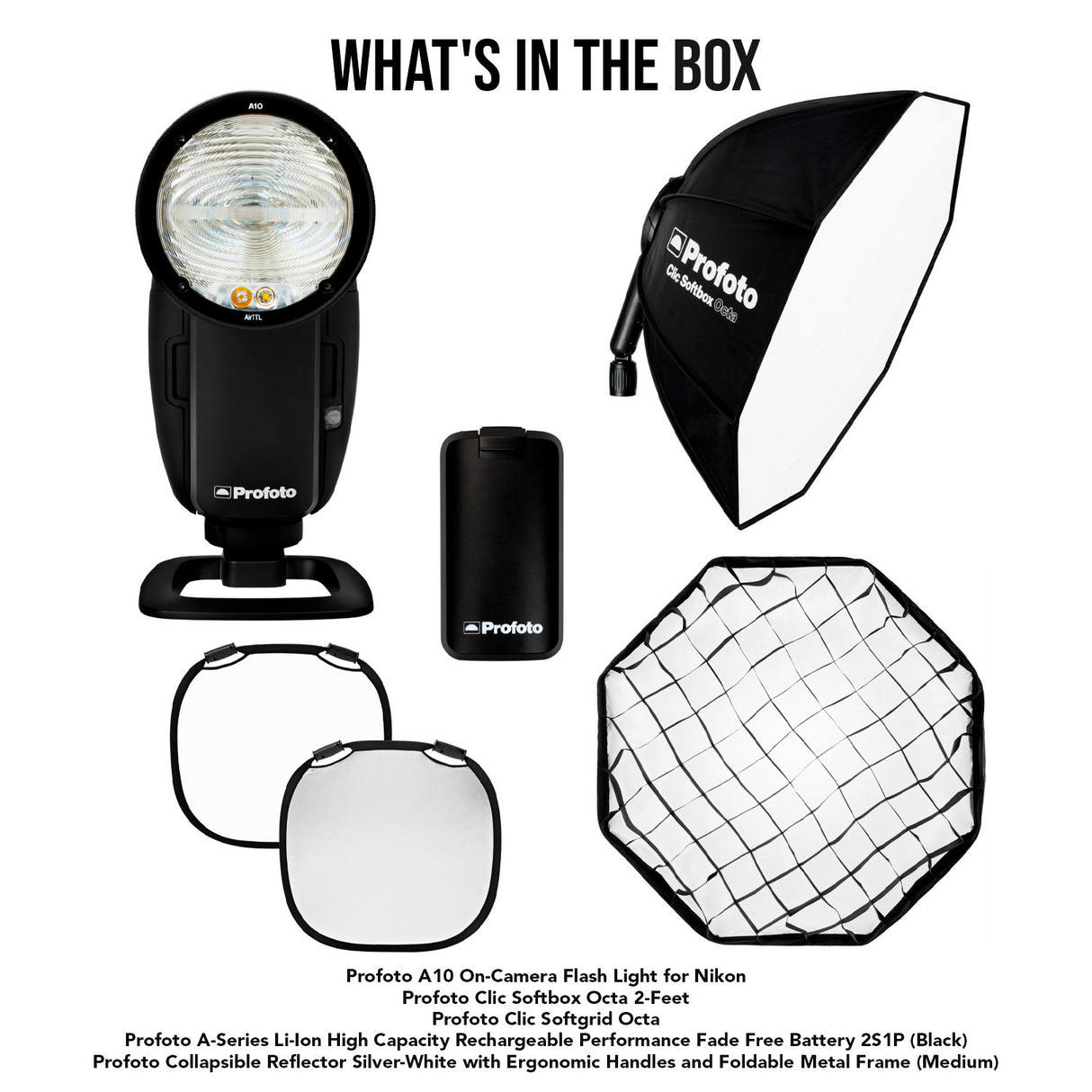 Profoto A10 Nikon On-Camera Flash with Clic Softbox Octa 2.3 Feet and Clic Softgrid Octa Bundle