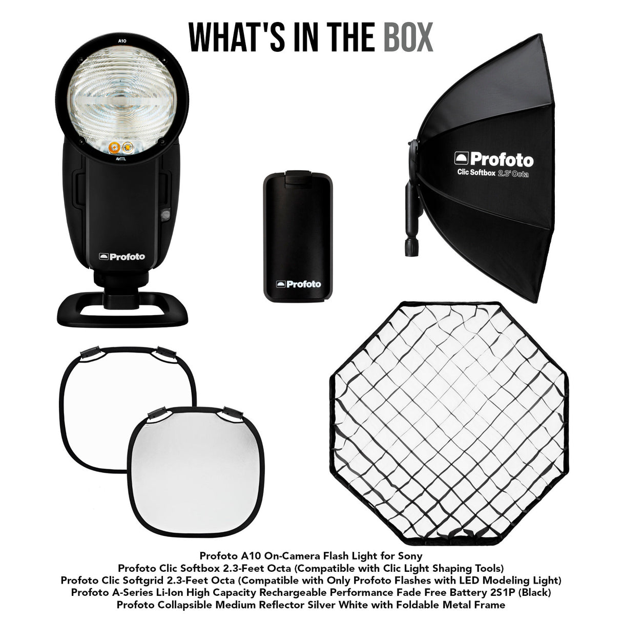 Profoto A10 Sony On-Camera Flash Light with Clic Softbox 2.3 Octa and Clic Softgrid 2.3 Octa Bundle