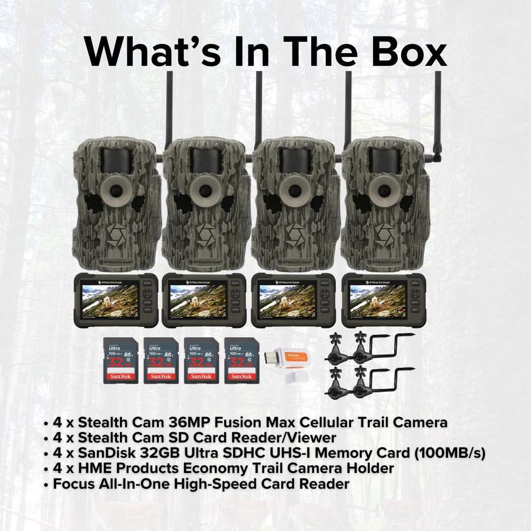 Stealth Cam 36MP Fusion Max Cellular Trail Camera with SD Card Card Viewer Bundle (4-Pack)