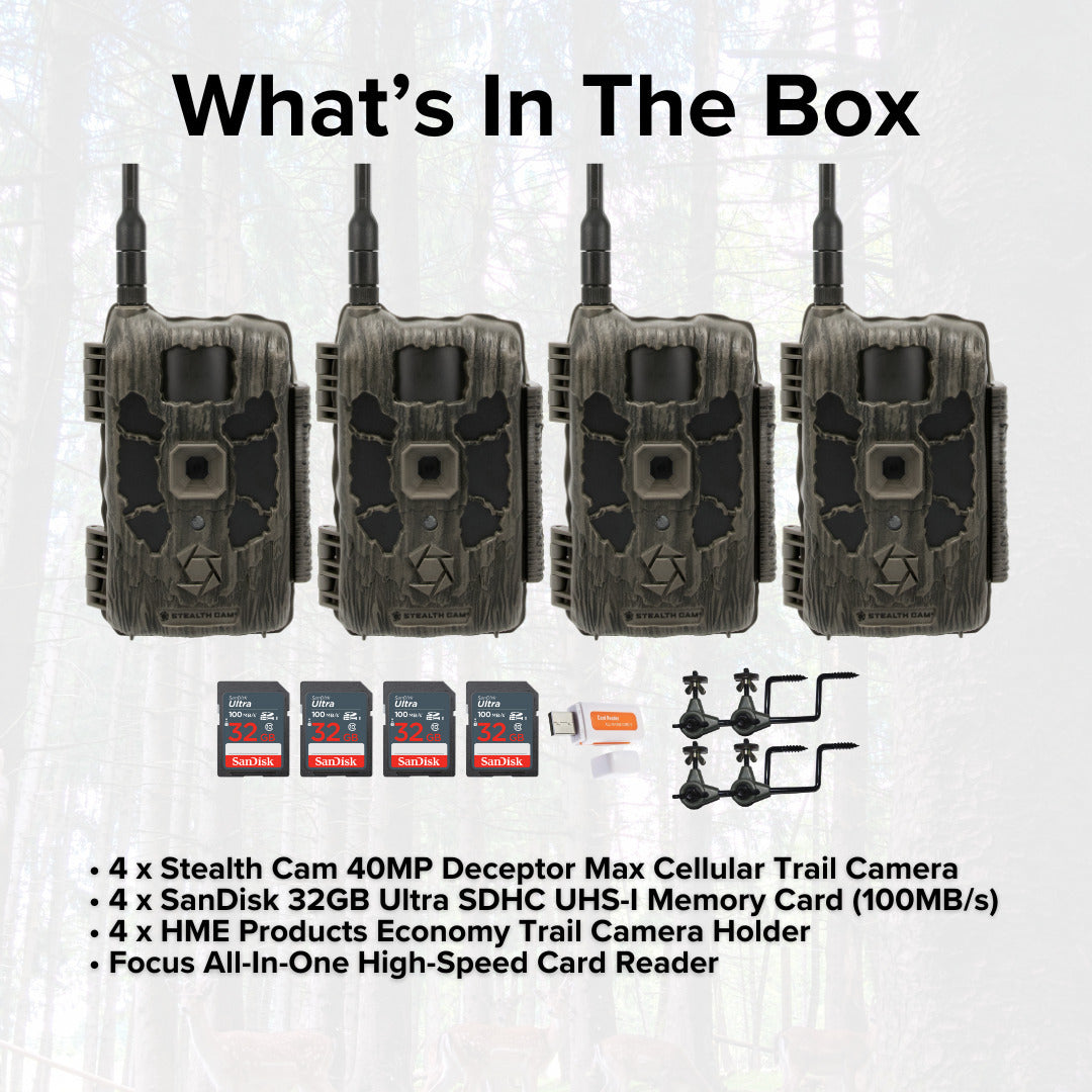 Stealth Cam 40MP Deceptor Max Cellular Trail Camera (4-Pack) with 32GB Memory Card (4-Pack) Bundle