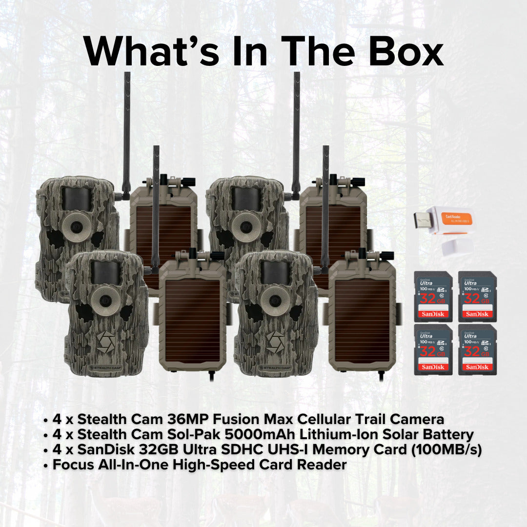 Stealth Cam 36MP Fusion Max Cellular Trail Camera with 80 Feet Detection Range (4-Pack) Bundle