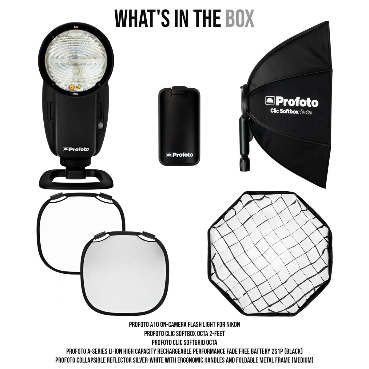 Profoto A10 Nikon On-Camera Flash Light with Clic Softbox Octa 2-Feet and Clic Softgrid Octa Bundle
