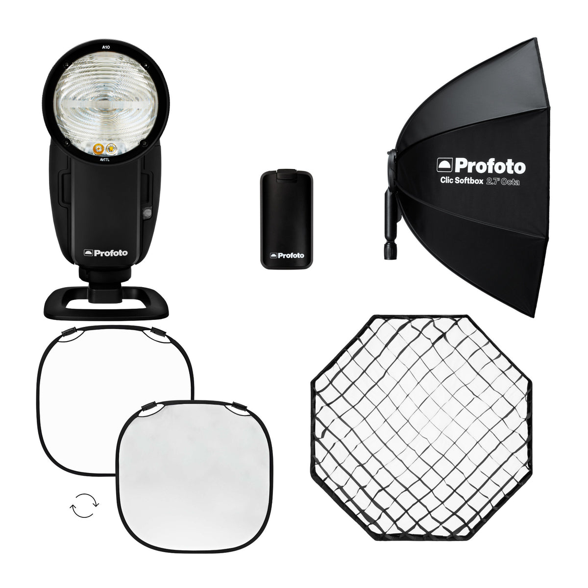 Profoto A10 Nikon On-Camera Flash Light with Clic Softbox Octa 2-Feet and Clic Softgrid Octa Bundle