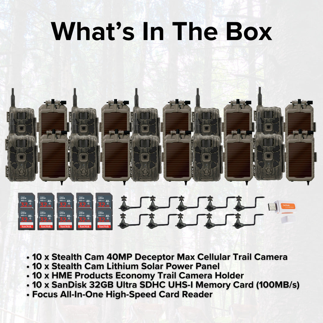 Stealth Cam 40MP Deceptor Max Cellular Trail Camera (10-Pack) with 10x Solar Power Panel Bundle
