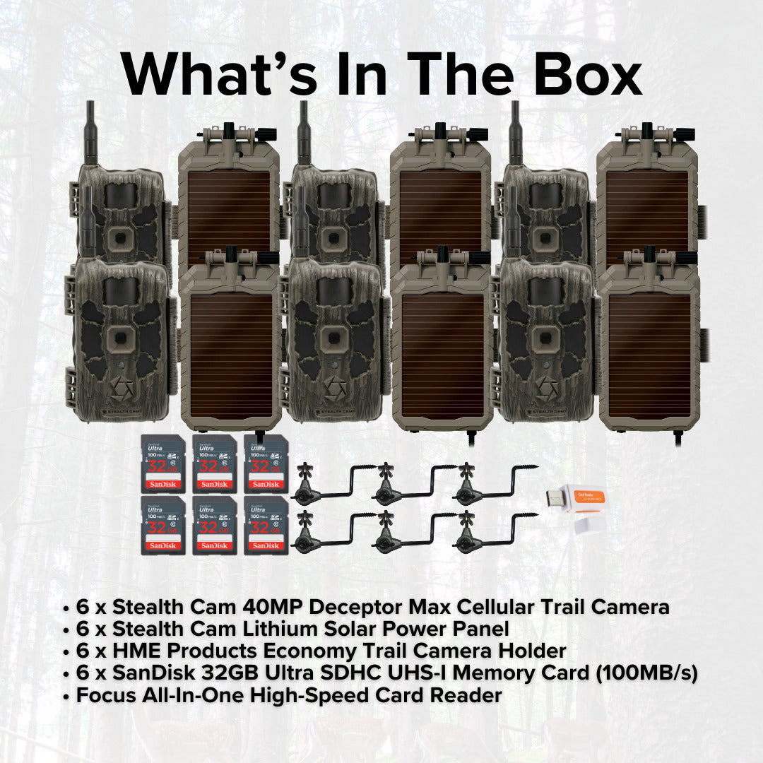 Stealth Cam 40MP Deceptor Max Cellular Trail Camera (6-Pack) with 6x Solar Power Panel Bundle