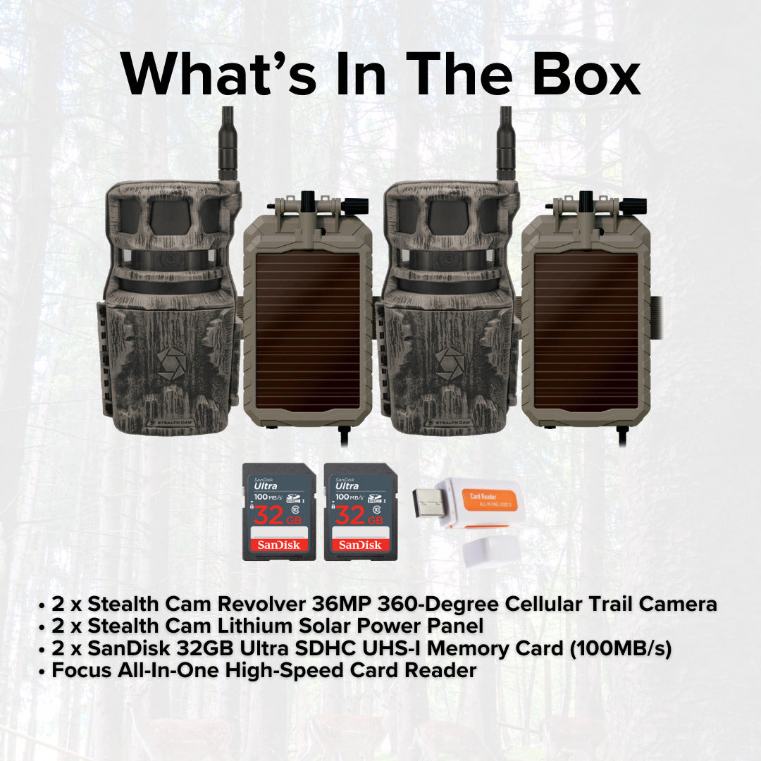 Stealth Cam Revolver 36MP 360-Degree Cellular Trail Camera (2-Pack) with Solar Power Panel Bundle