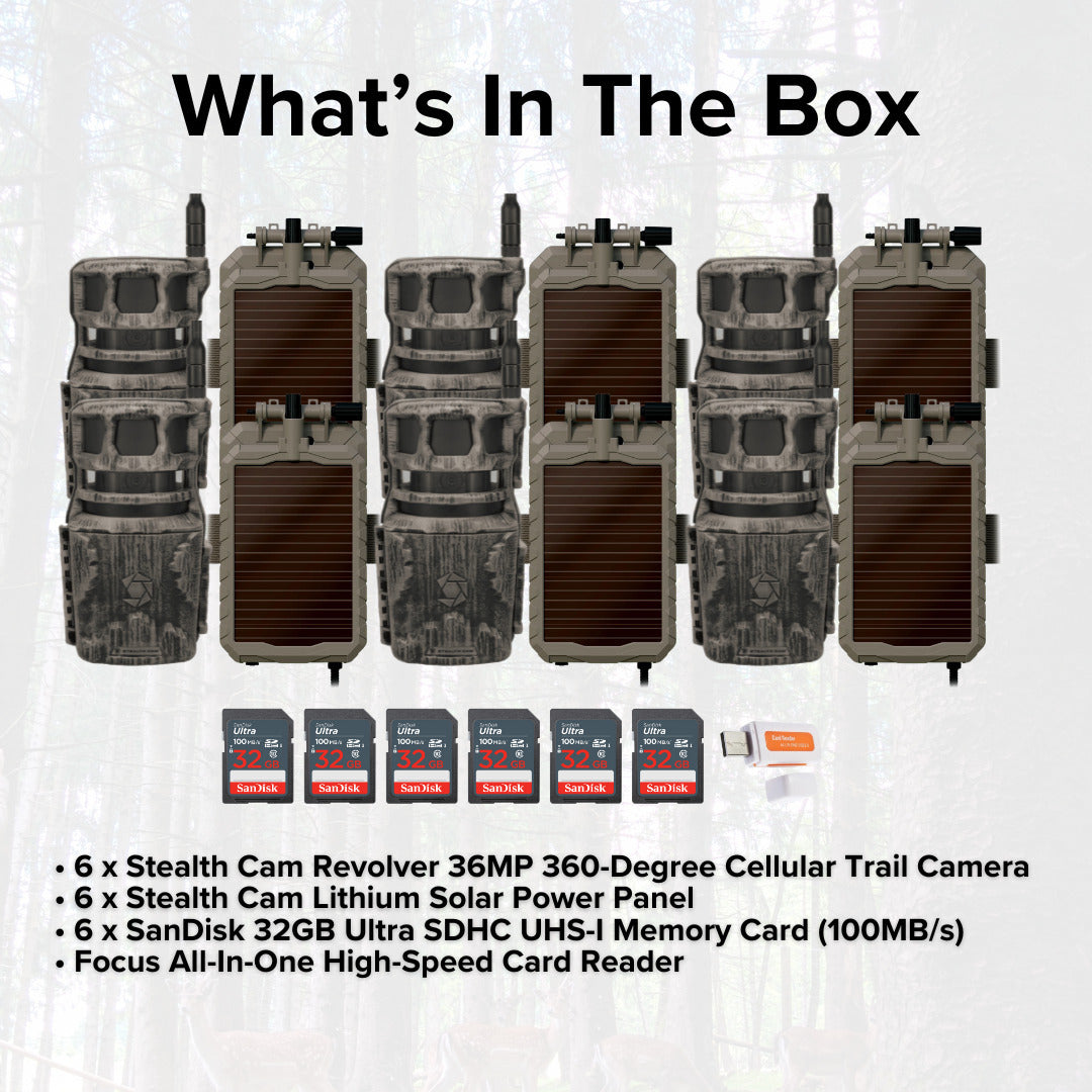 Stealth Cam Revolver 36MP 360-Degree Cellular Trail Camera (6-Pack) with Solar Power Panel Bundle