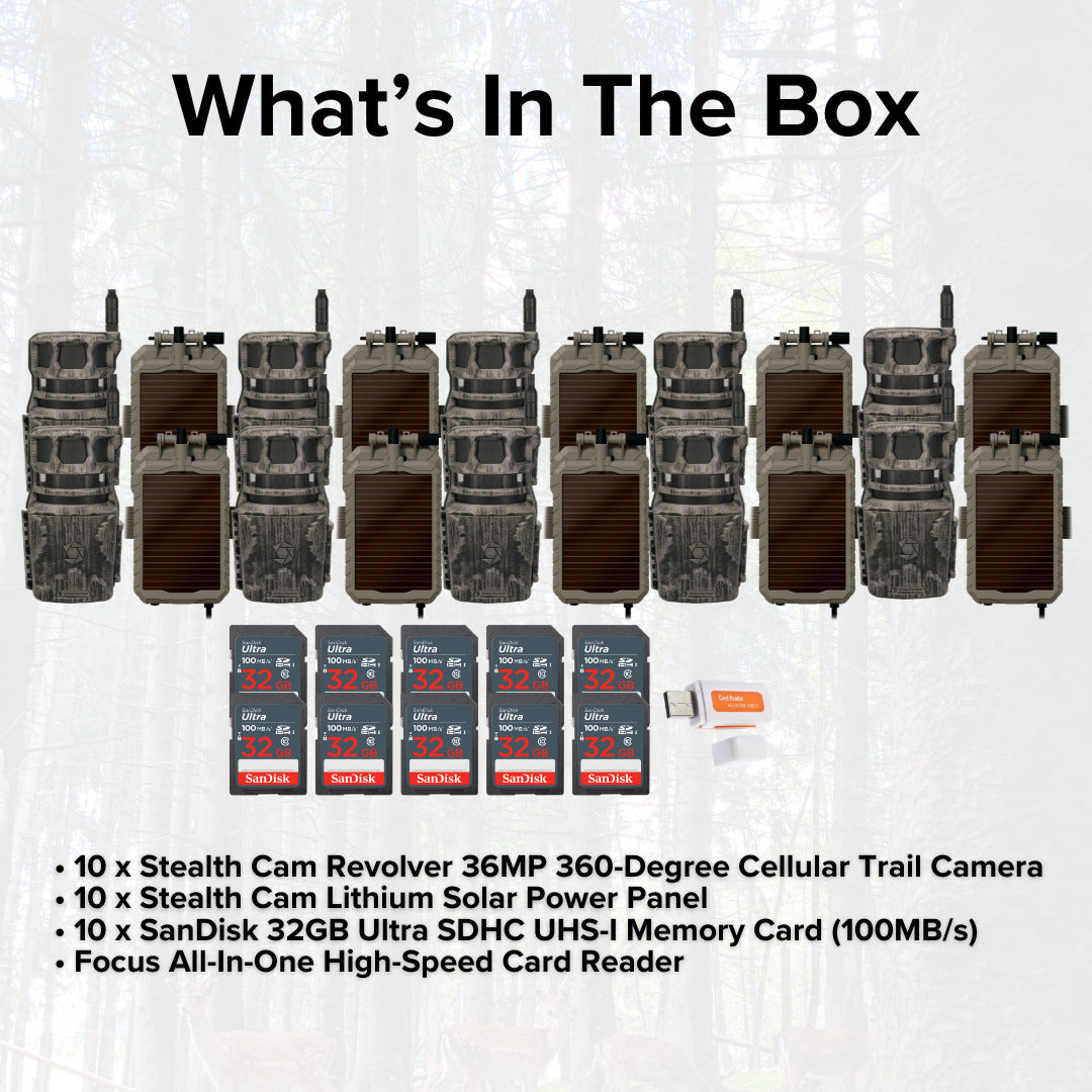Stealth Cam Revolver 36MP 360-Degree Cellular Trail Camera (10-Pack) with Solar Power Panel Bundle