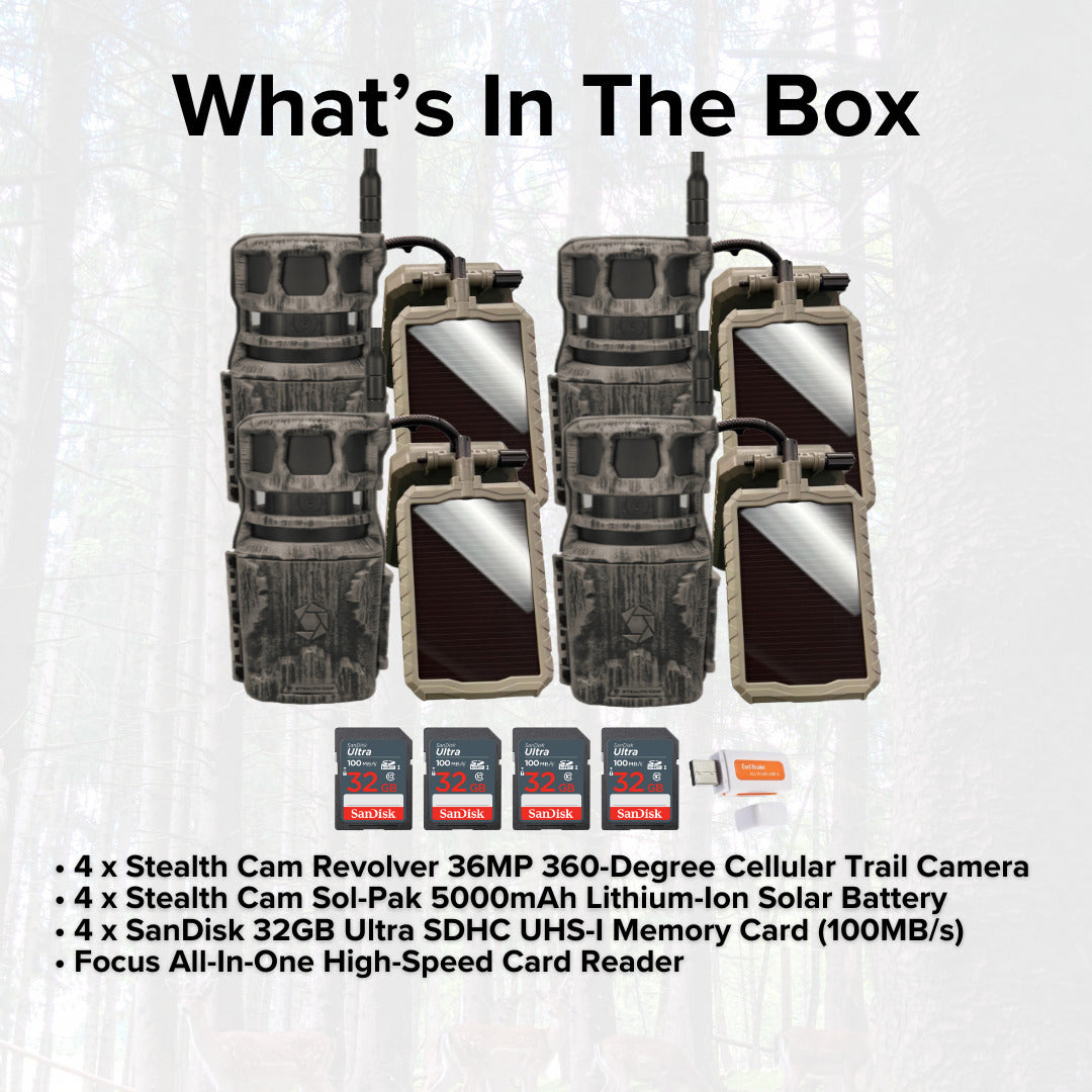 Stealth Cam Revolver 36MP 360-Degree Cellular Trail Camera with 1/4-Inch Mount (4-Pack) Bundle