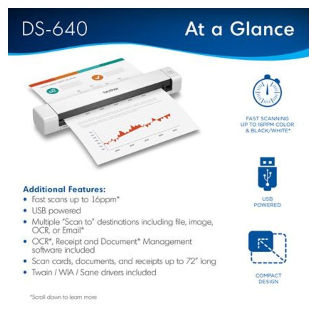 Brother DS-640 Mobile Document Scanner with Scan Speed Up To 16 PPM for On-The-Go Scanning (White)