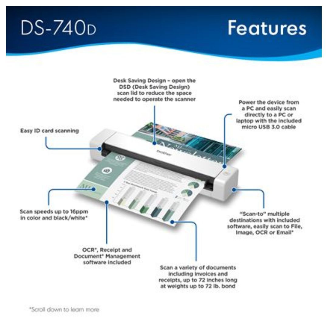 Brother DS740D Duplex Compact Mobile Document Scanner with Scanning Speed Up To 16 PPM (White)