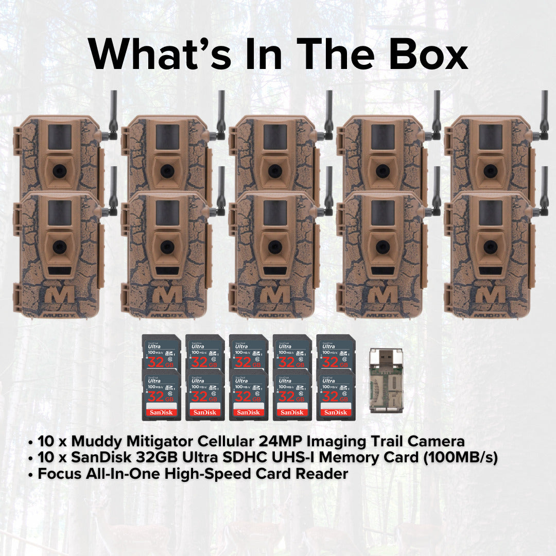 Muddy Mitigator Cellular 24MP Trail Camera with 80 Feet Detection and Flash Range (10-Pack) Bundle