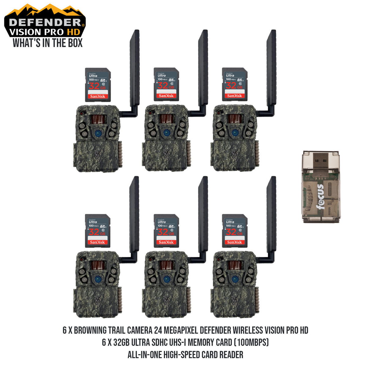Browning Trail Camera 24MP Defender Wireless Vision Pro HD (6-Pack) with 6x Memory Card Bundle