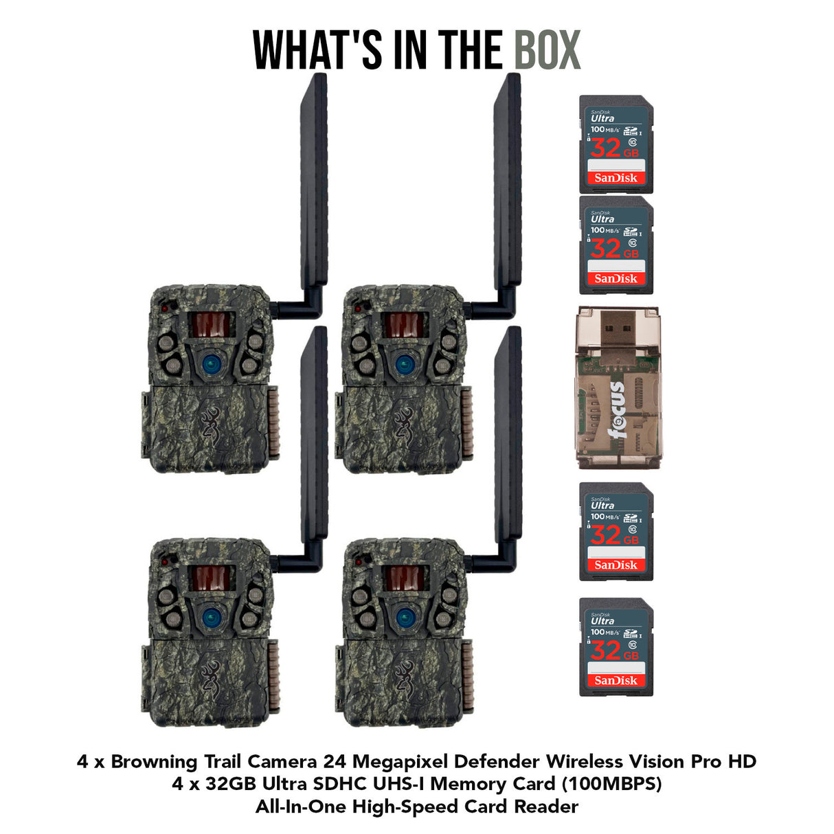 Browning Trail Camera 24MP Defender Wireless Vision Pro HD (4-Pack) with 4x Memory Card Bundle