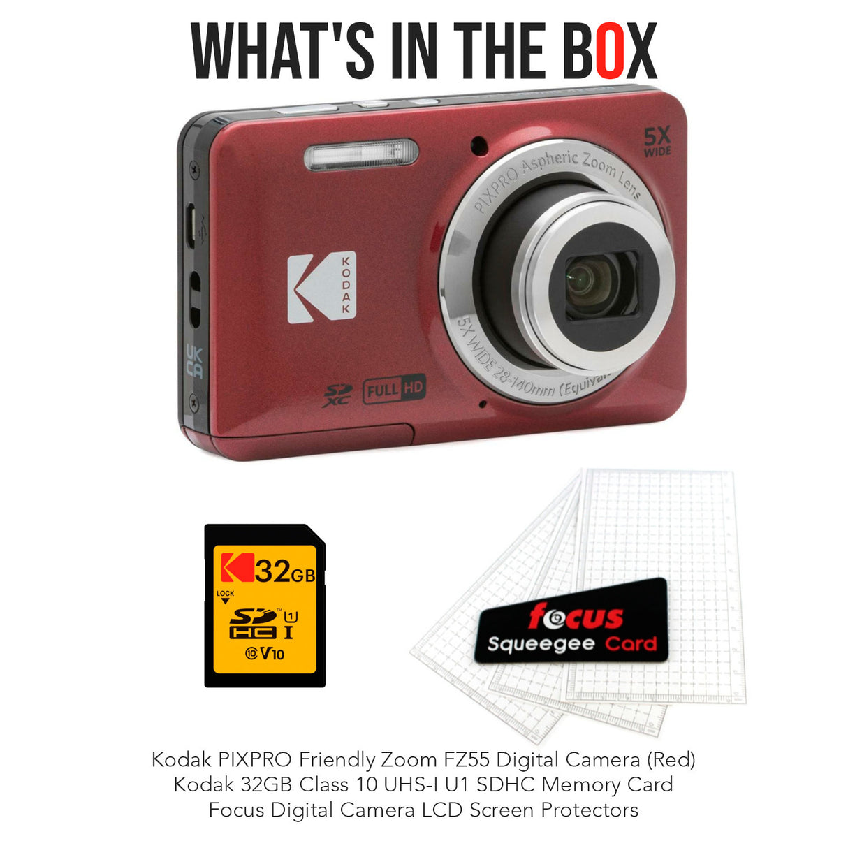 Kodak PIXPRO Friendly Zoom FZ55 Digital Camera (Red) with Digital Camera Screen Protectors Bundle