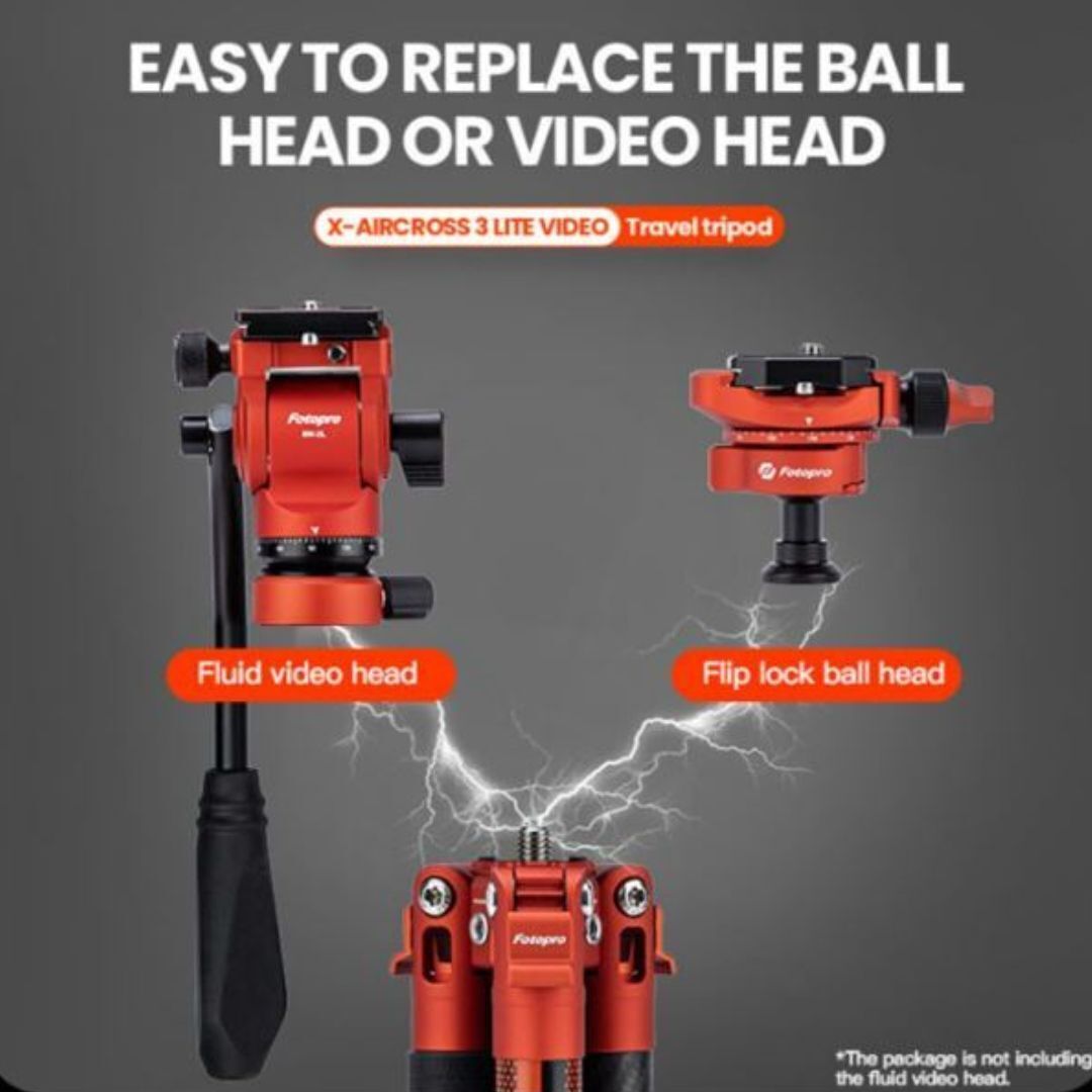 Fotopro X-Aircross 3 Lite Video Tripod with 3K Carbon Fiber Legs and Fast Locking System (Orange)