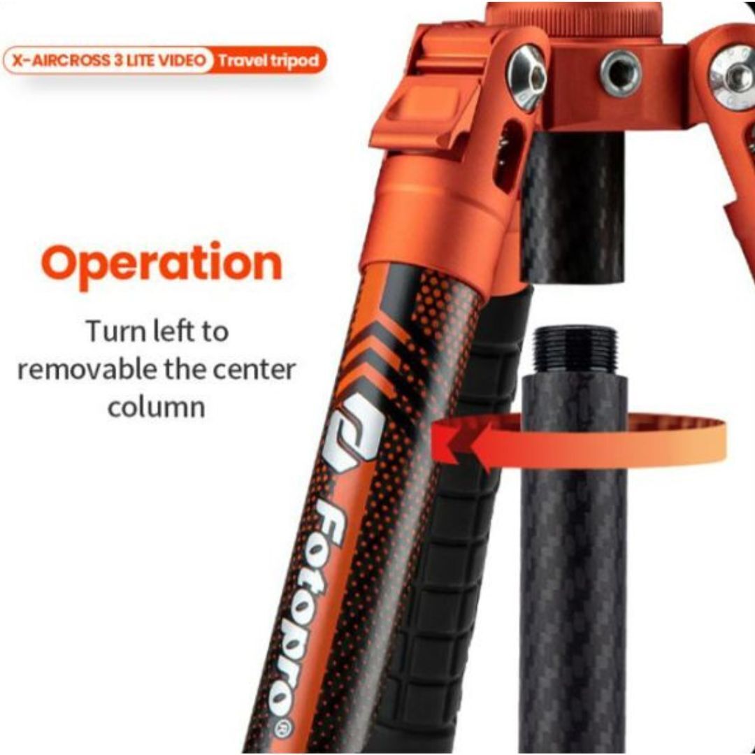 Fotopro X-Aircross 3 Lite Video Tripod with 3K Carbon Fiber Legs and Fast Locking System (Orange)