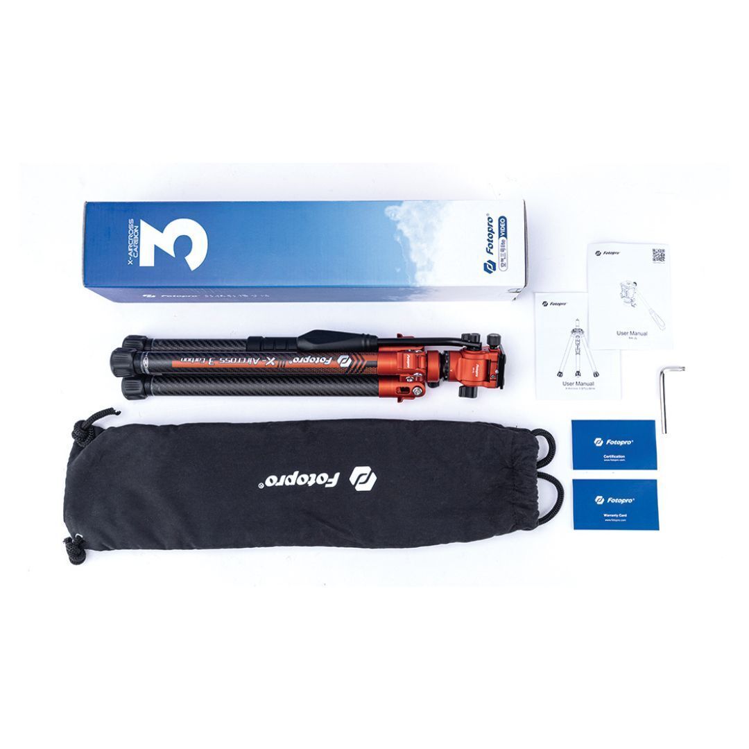 Fotopro X-Aircross 3 Lite Video Tripod with 3K Carbon Fiber Legs and Fast Locking System (Orange)