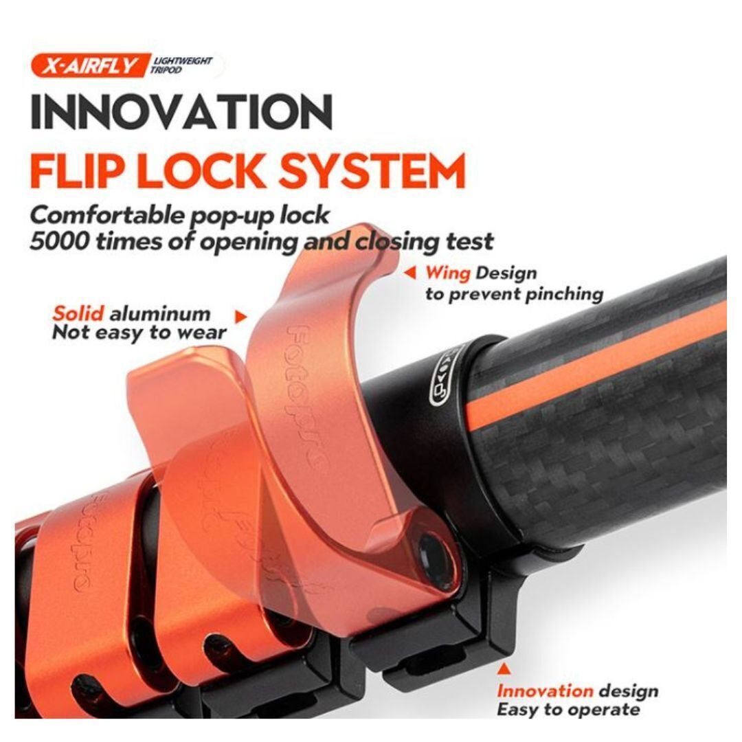 Fotopro X-Airfly Tripod with Lightweight 3K Carbon Fiber Legs and Flip Lock System (Orange)
