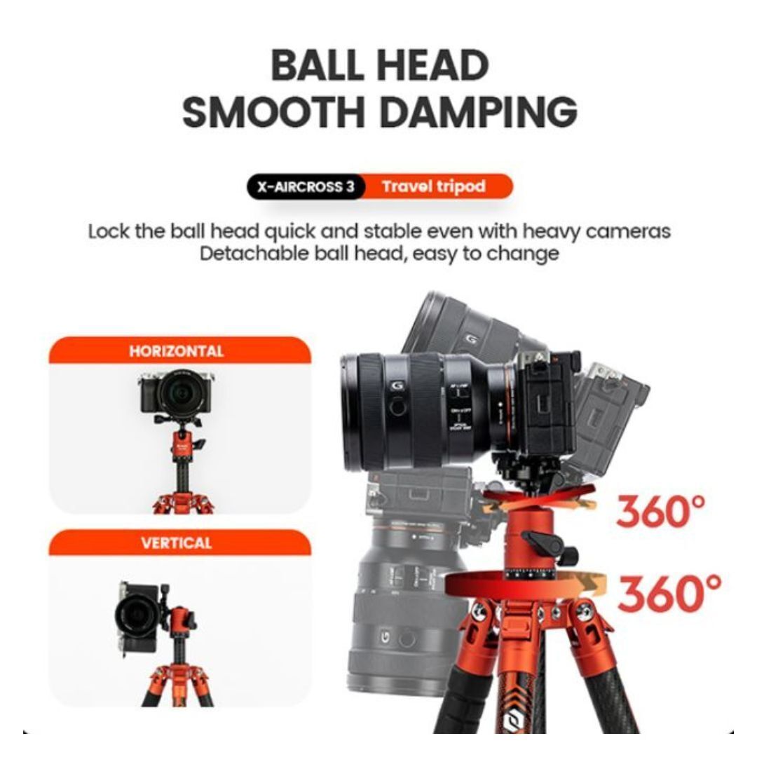 Fotopro X-Aircross 3 Tripod with Lightweight 3K Carbon Fiber Legs and Fast Locking System (Orange)
