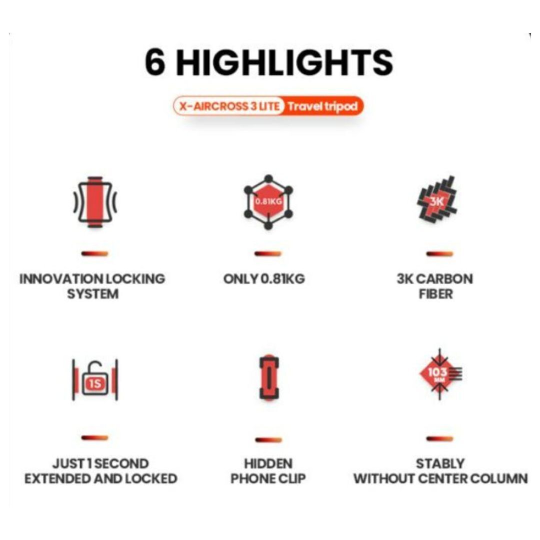 Fotopro X-Aircross 3 Lite Tripod with 3K Carbon Fiber Legs and Fast Locking System (Gray)