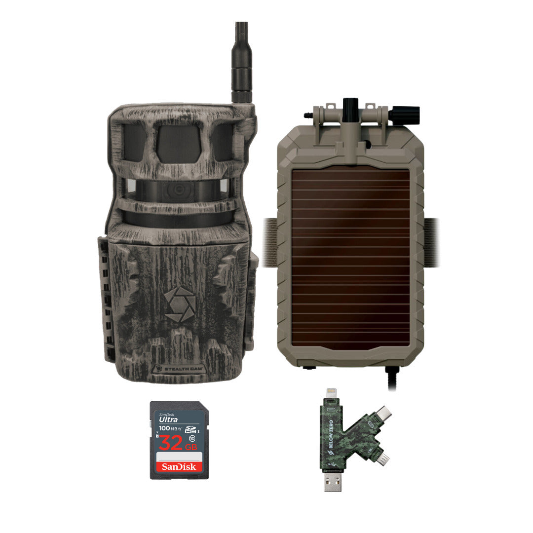 Stealth Cam Revolver Pro Trail Camera with Solar Battery Pack, Memory Card, and Card Reader Bundle