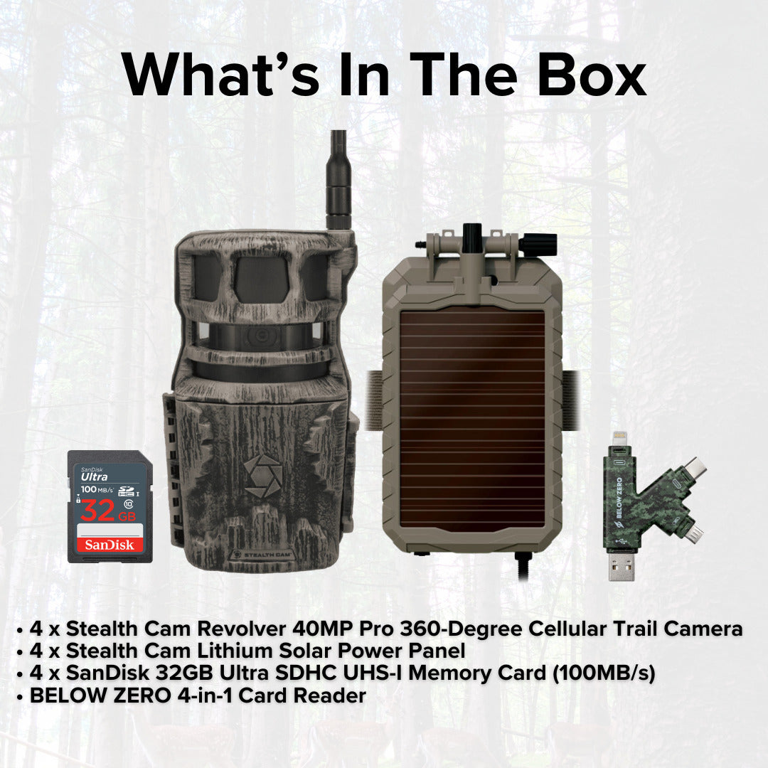 Stealth Cam Revolver 40MP Pro 360 Degree Cellular Trail Camera with Solar Panel (4-Pack) Bundle