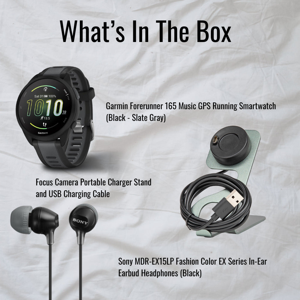 Garmin Forerunner 165 Music GPS Running Smartwatch (Black-Slate Gray) with Charger Stand Bundle