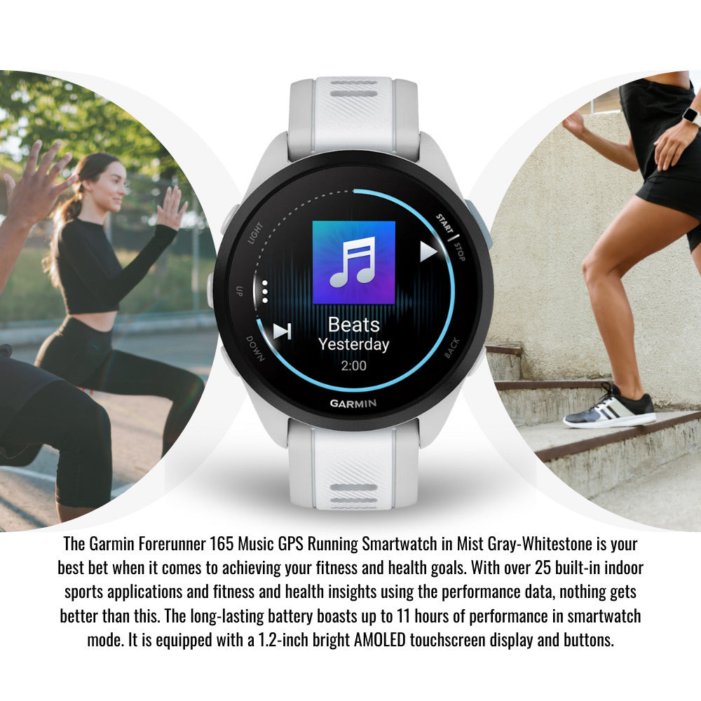 Garmin Forerunner 165 Music GPS Running Smartwatch (Mist Gray-Whitestone) with Charger Stand Bundle