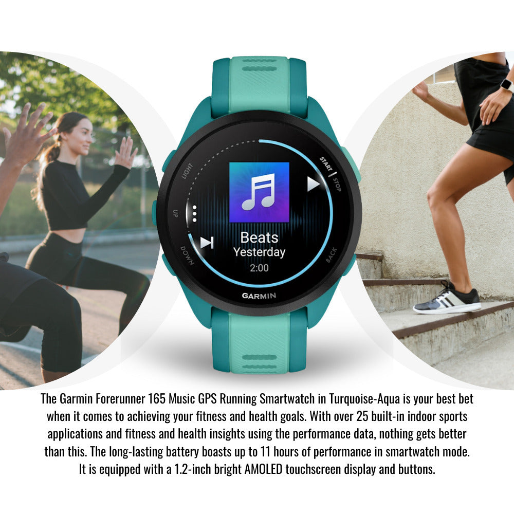 Garmin Forerunner 165 Music GPS Running Smartwatch (Turquoise-Aqua) with Charger Stand Bundle