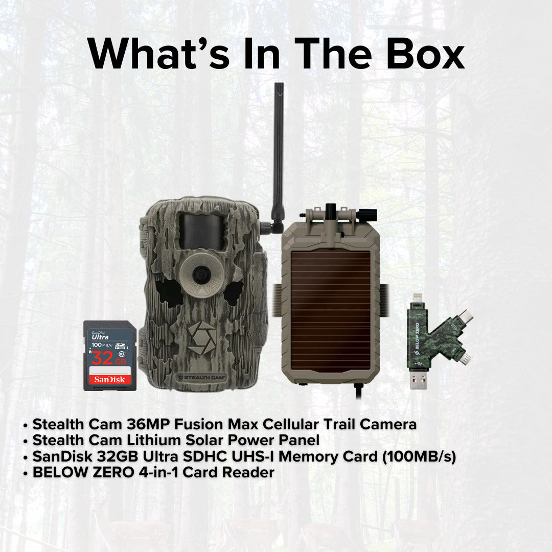 Stealth Cam 36MP Fusion Max Cellular Trail Camera with Solar Power Panel and 32GB Memory Card Bundle