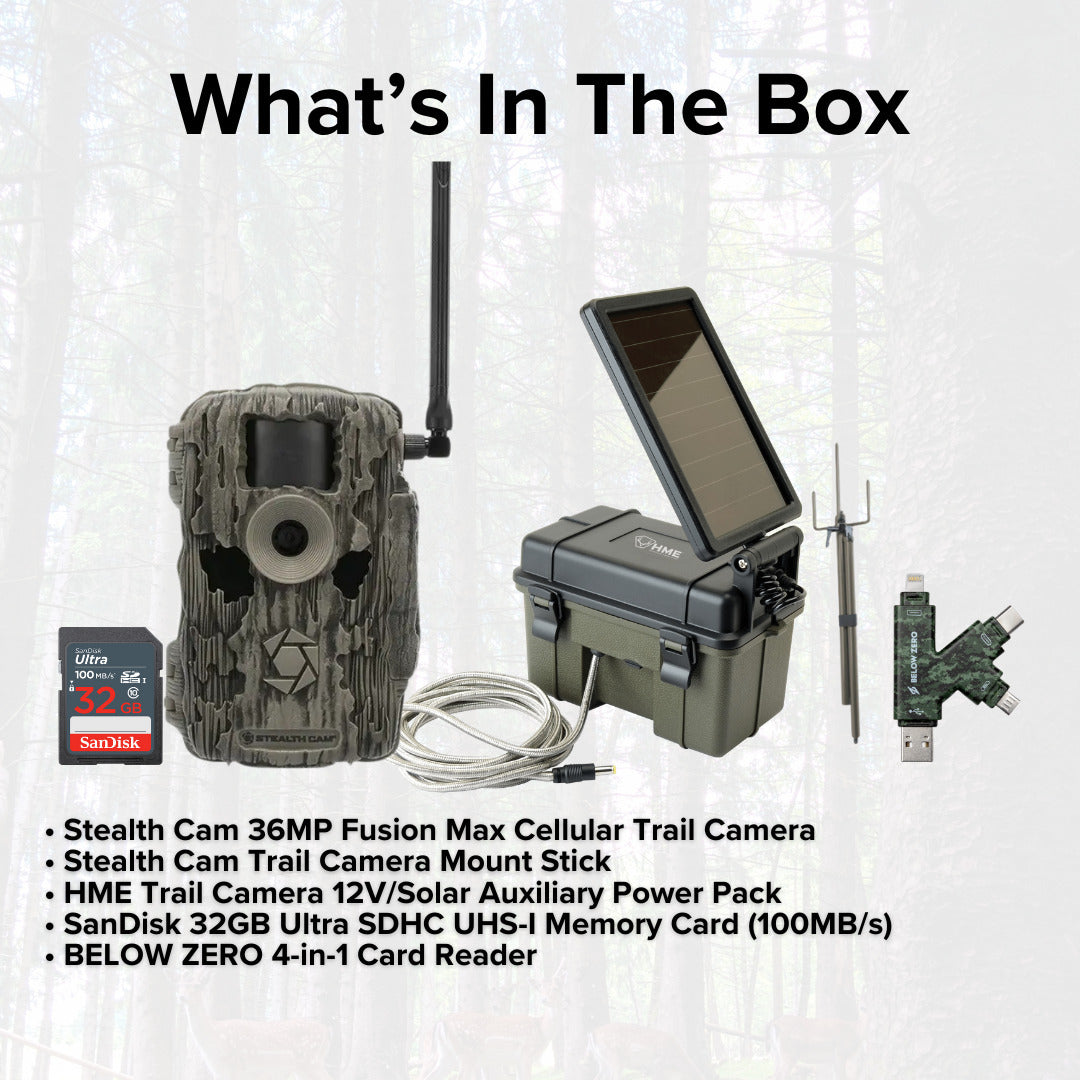 Stealth Cam 36MP Fusion Max Cellular Trail Camera with Solar Power Pack and Mount Stick Bundle