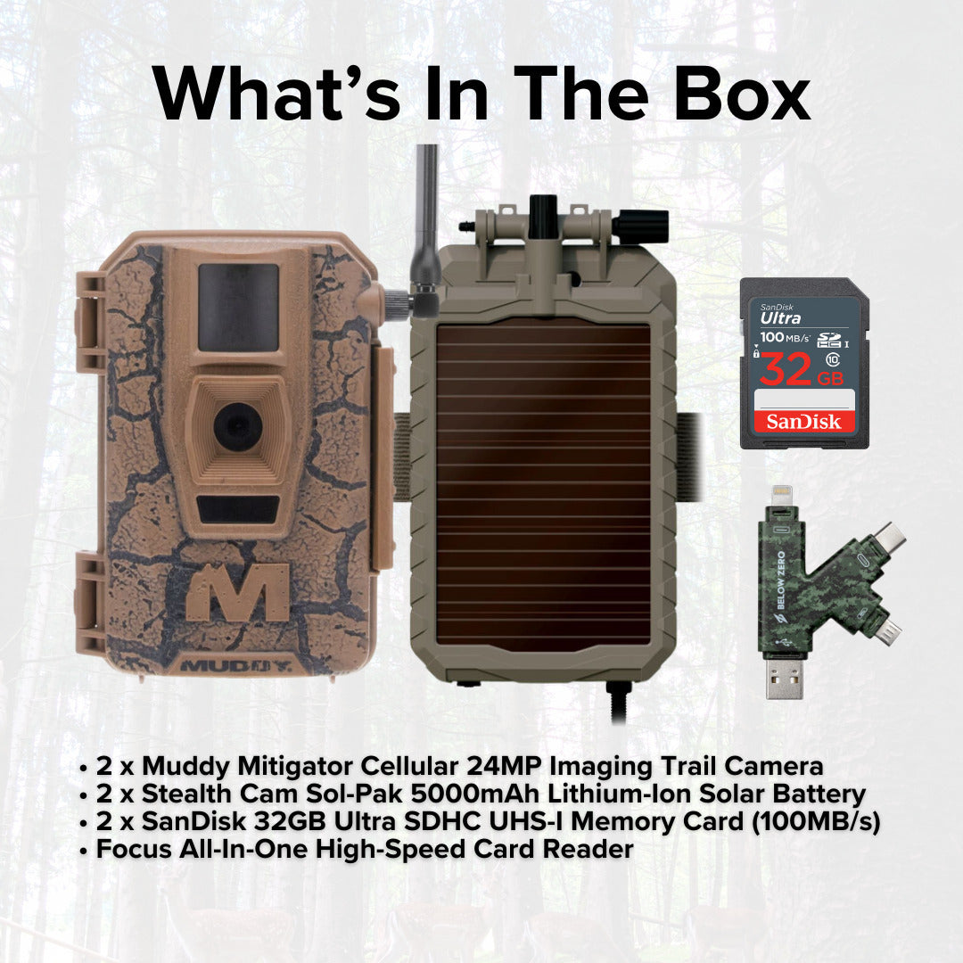 Muddy Mitigator Cellular 24MP Imaging Trail Camera (2-Pack) with 4x Lithium-Ion Solar Battery Bundle