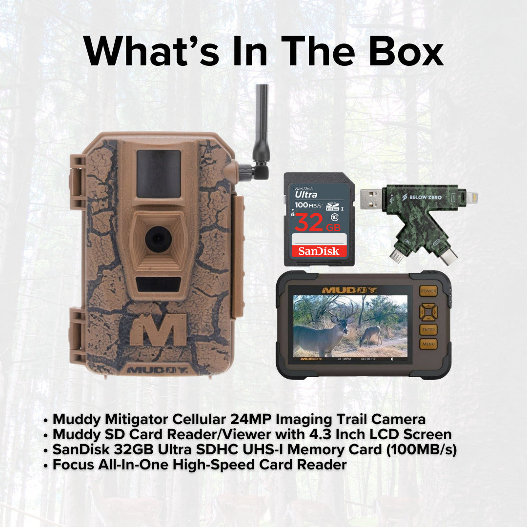 Muddy Mitigator Cellular 24MP Imaging Trail Camera with 80 Feet Detection and Flash Range Bundle