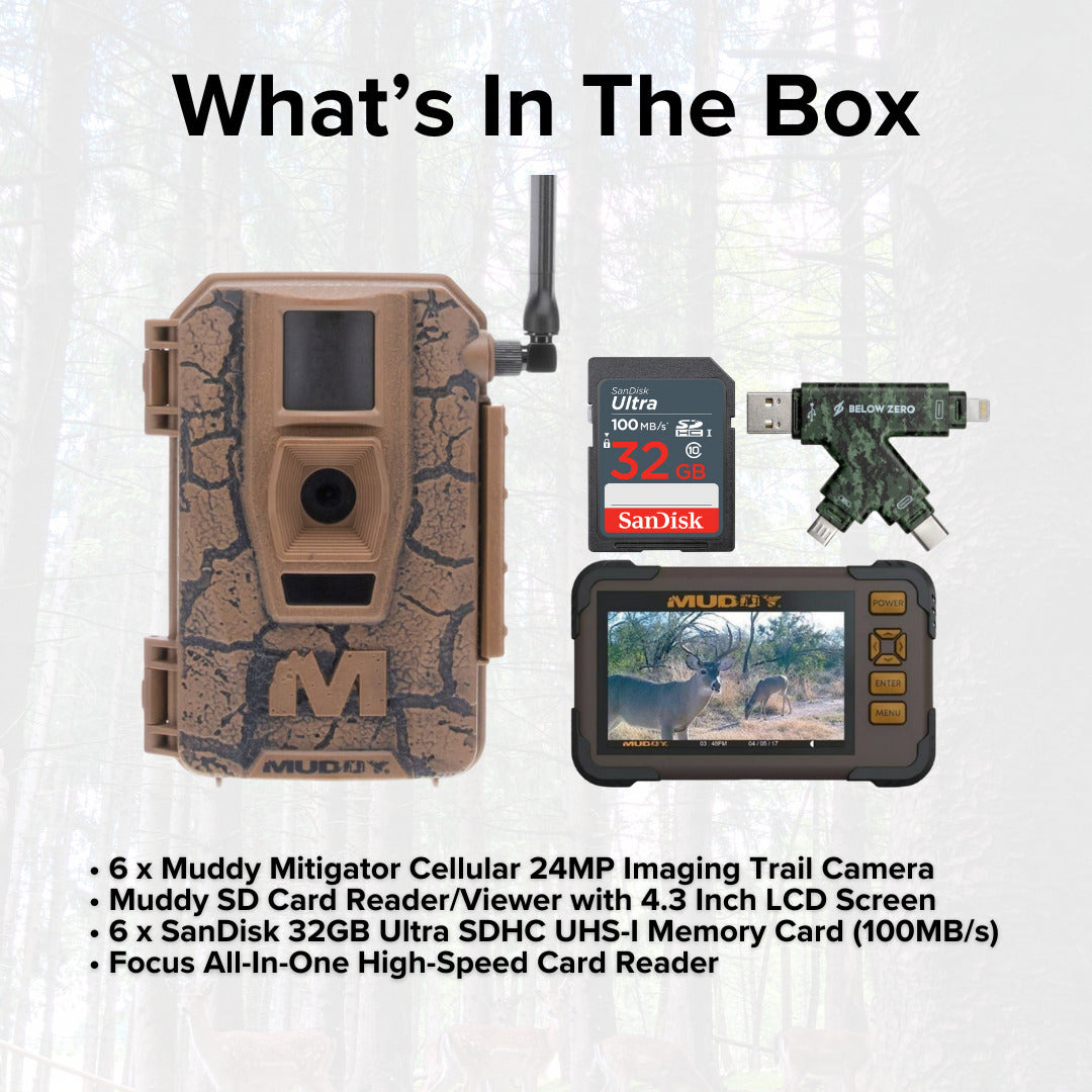 Muddy Mitigator Cellular 24MP Imaging Trail Camera with 80 Feet Detection (6-Pack) Bundle