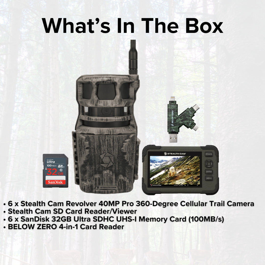 Stealth Cam Revolver 40MP Pro 360 Degree Cellular Trail Camera with SD Card Reader (6-Pack) Bundle
