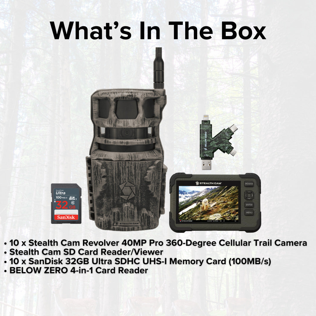 Stealth Cam Revolver 40MP Pro 360 Degree Cellular Trail Camera with SD Card Reader (10-Pack) Bundle